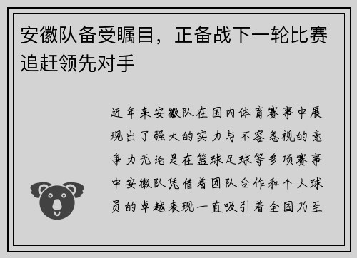 安徽队备受瞩目，正备战下一轮比赛追赶领先对手